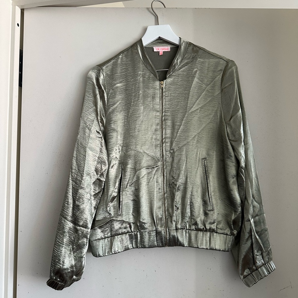 Re:named Green Satin Zip Bomber Jacket